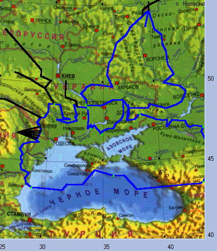 on a background of a modern map of considered  region the contours of a Pont Evxini (Black sea) and Meotida (Azov sea) with the next areas and large rivers in them proceeding are put. In figures the contours of the seas are represented by a dark blue line, channel of the rivers - black, inscription of mountains - black letters, peoples and cities - white. 