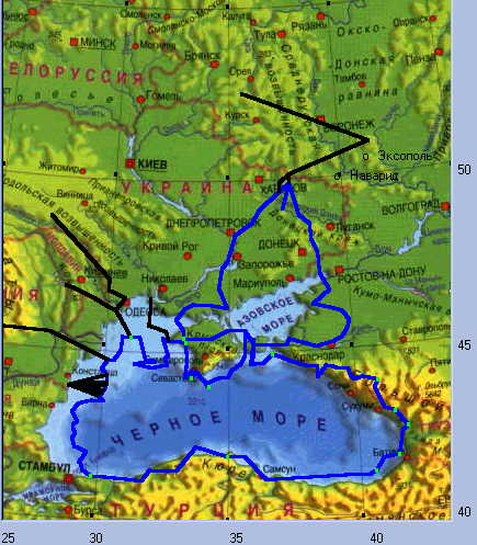 Applying the formulas published in previous clause with the help of the computer program we recalculate geographical coordinates for the greater size of the Earth, adhering to a modern map not a Byzantium (Istanbul), and Sinop, which is not in a corner, but in middle of the chosen fragment of a map